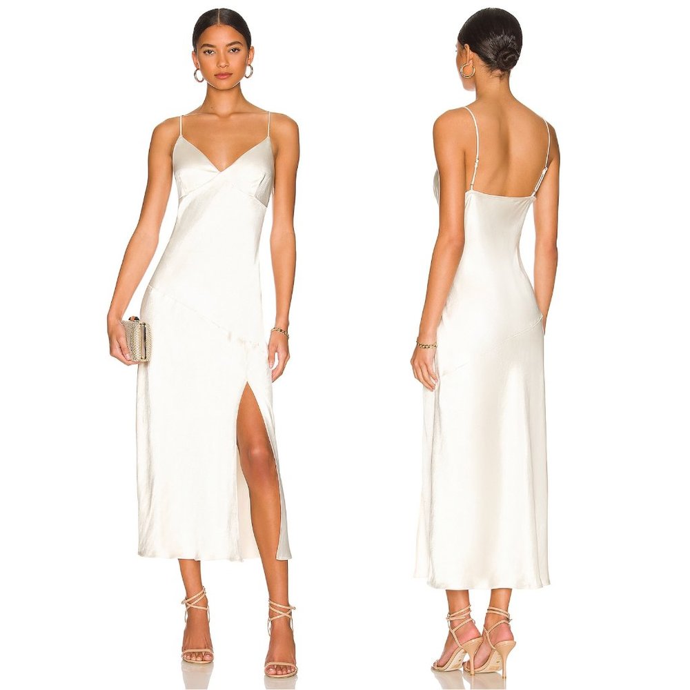 NEW Line & Dot Lisa Midi Dress Creme White Satin Wedding Bridal Maxi Slit Small